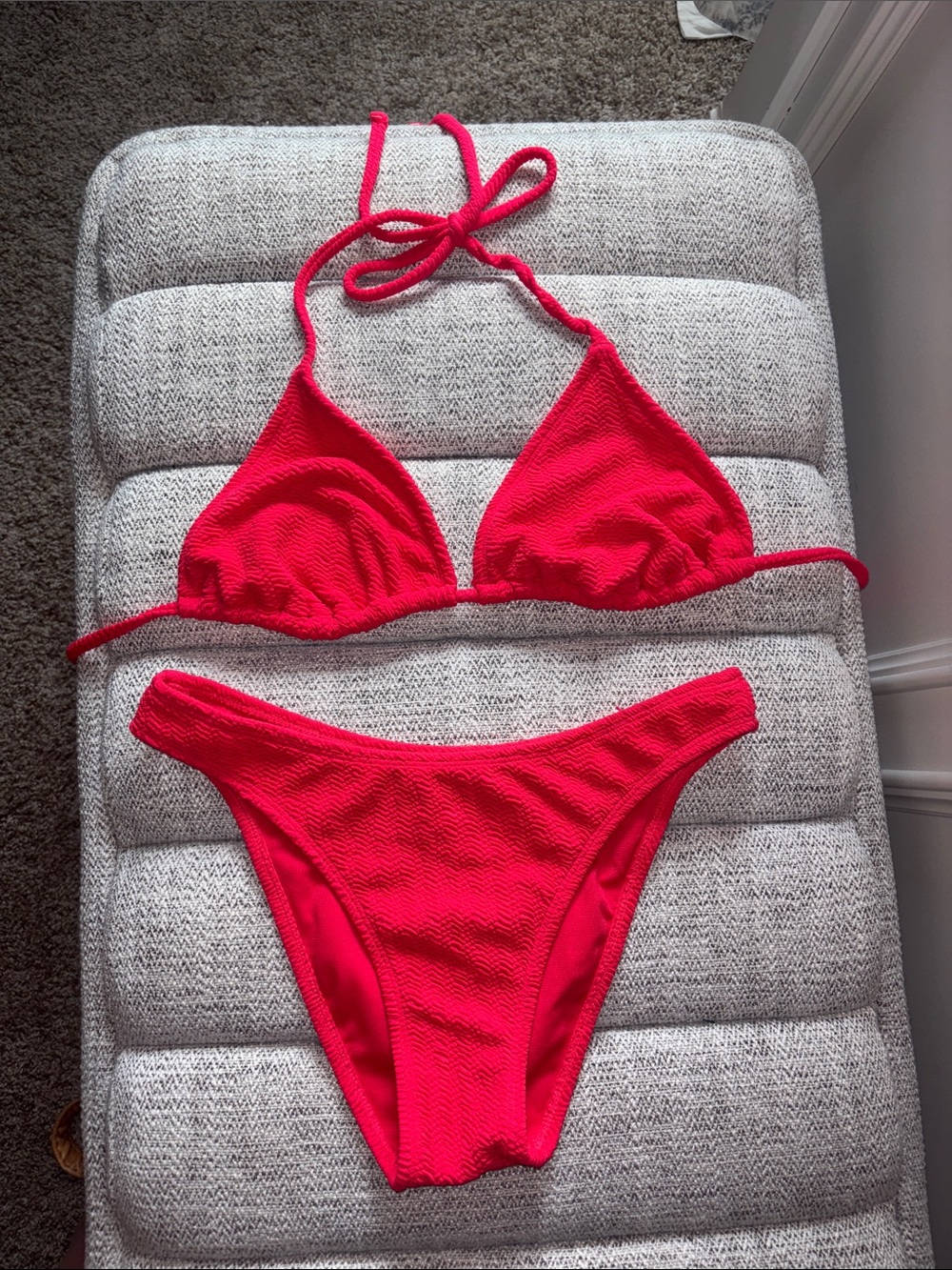 No Boundaries Hot Pink Textured Triangle Bikini Set